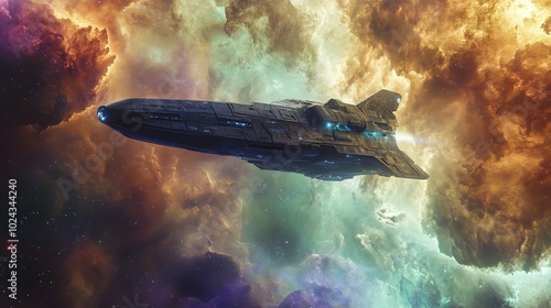 A futuristic spaceship flying through a colorful nebula.