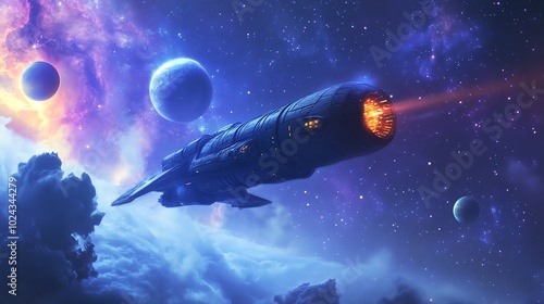 Futuristic spaceship flying through the vastness of space, leaving a trail of fire behind it.