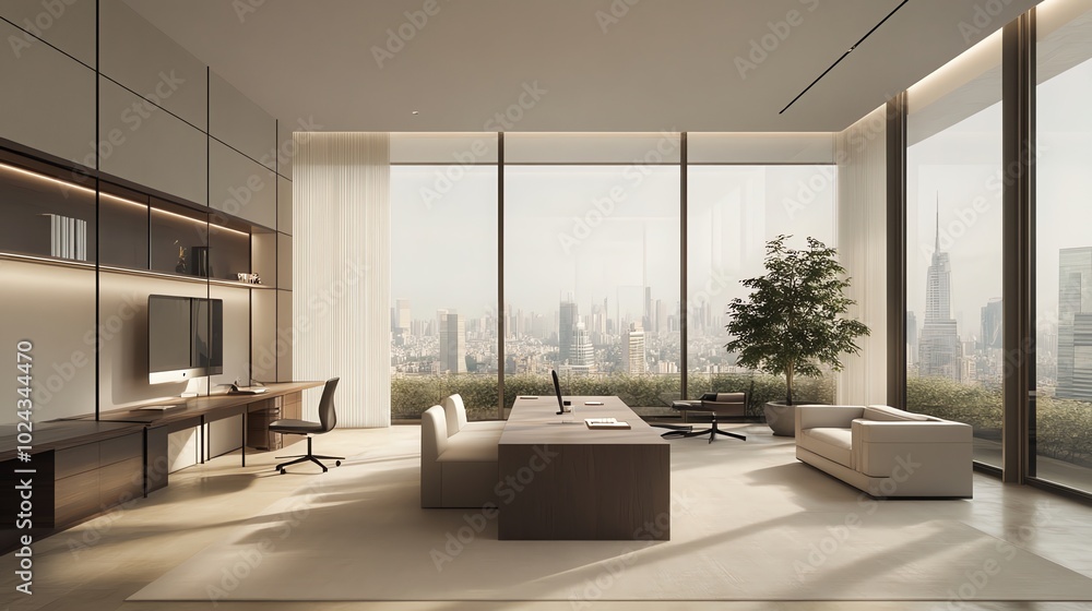 Fototapeta premium A modern office space with large windows overlooking a city skyline.