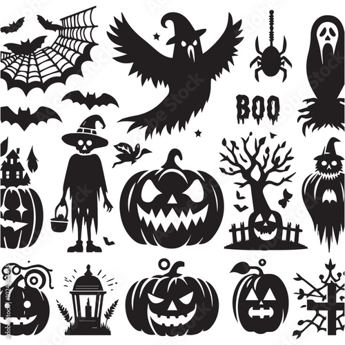 Halloween clip art set showcasing various spooky elements like witches, skeletons, and festive decorations