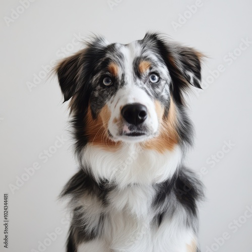 Australian Shepherd sitting against white background