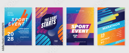 Sport event poster design background vector set. Sport cover template with vibrant abstract gradient geometric shape and dot halftone. Ideal design for social media, flyer, promotion, card.