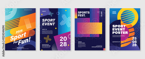 Sport event poster design background vector set. Sport cover template with vibrant abstract gradient geometric shape and dot halftone. Ideal design for social media, flyer, promotion, card.