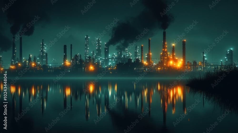 Naklejka premium An industrial complex at night with smoke stacks spewing out black smoke, reflected in the water.