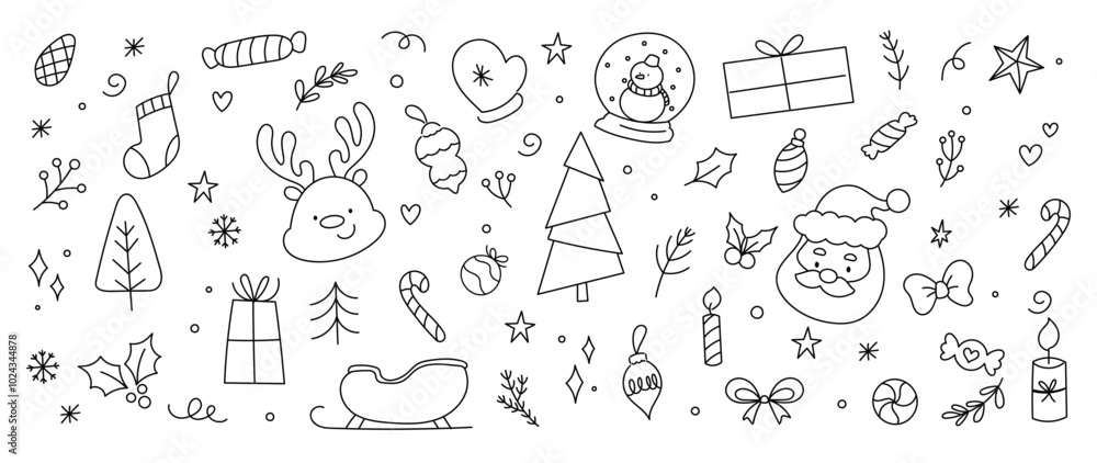 Merry Christmas and winter season doodle vector. Set of snowman, sweater, gingerbread, santa, cake, gloves, sock, gift, reindeer. Winter festival and holiday collection for kids, decorative. Merry Christmas and winter season doodle vector. Set of snowman, sweater, gingerbread, santa, cake, gloves, sock, gift, reindeer. Winter festival and holiday collection for kids, decorative.
