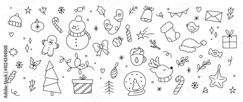 Merry Christmas and winter season doodle vector. Set of snowman, sweater, gingerbread, santa, cake, gloves, sock, gift, reindeer. Winter festival and holiday collection for kids, decorative.