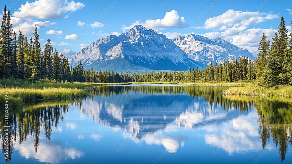 A beautiful mountain lake with a perfect reflection of the surrounding mountains and sky. A beautiful mountain lake with a perfect reflection of the surrounding mountains and sky.