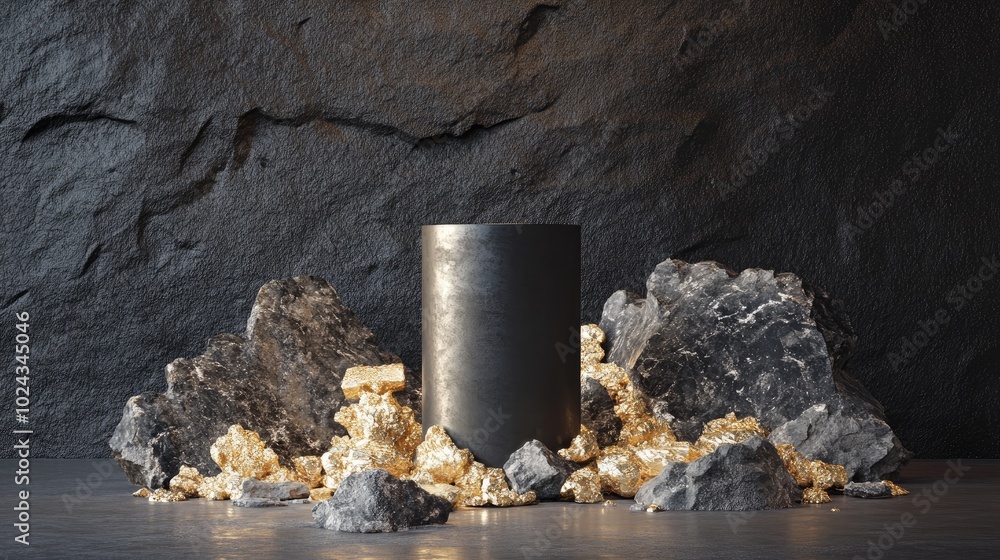 3D render featuring an abstract backdrop of dark cobblestone remnants fragmented stones and gold nuggets Contemporary minimalist display scene with a vacant cylindrical pedestal for product showca 3D render featuring an abstract backdrop of dark cobblestone remnants fragmented stones and gold nuggets Contemporary minimalist display scene with a vacant cylindrical pedestal for product showca