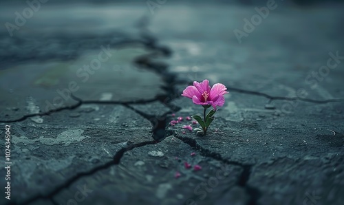 The little persistent flower that emerges from damaged urban pavement is a sign of optimism and the persistence of nature in an urban setting, Generative AI.