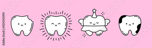 Set of cute little teeth on pink background. Collection of dental characters with different emotions. Tooth with caries, Tooth Fairy, Clean and healthy tooth. Oral care. Vector illustration
