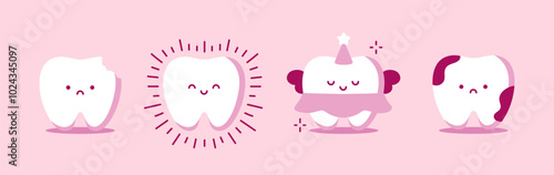 Set of healthy tooth and bad caries teeth. Cartoon teeth care and hygiene concept. Treatment and hygiene. Oral care. Healthy and clean tooth sparkles, Sick tooth with caries. Flat vector illustration