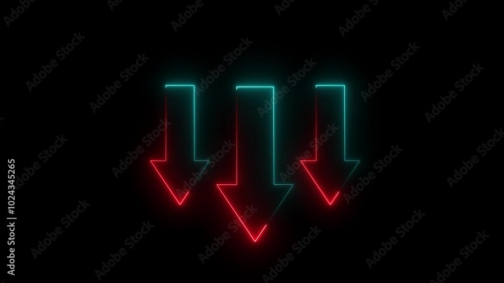 Neon glowing three arrows directional animation on isolated black background. Neon down sweep direction arrow concept animated. Neon glowing three arrows directional animation on isolated black background. Neon down sweep direction arrow concept animated.