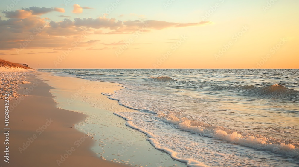 A tranquil beach at sunset with gentle waves lapping at the shore.