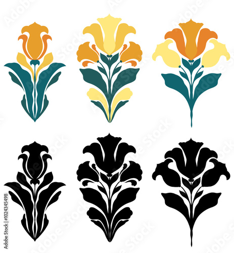 Vector set of decorative art nouveau irises and freesias. Collection of clip arts colorful and monochrome blooming flowers isolated from background. Floral illustration for cards, stickers