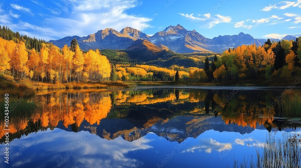 Obraz premium Stunning mountain lake reflection with fall foliage.