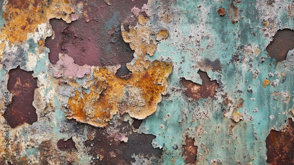An abstract and surreal image depicting corrosion featuring a textured iron surface layered with aged multicolored paint Ideal for backgrounds An abstract and surreal image depicting corrosion featuring a textured iron surface layered with aged multicolored paint Ideal for backgrounds