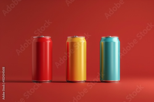 Three vintage aluminum beer cans in various colors arranged on a red background in a studio setting, suitable for a web banner or template, rendered in 3D, Generative AI.