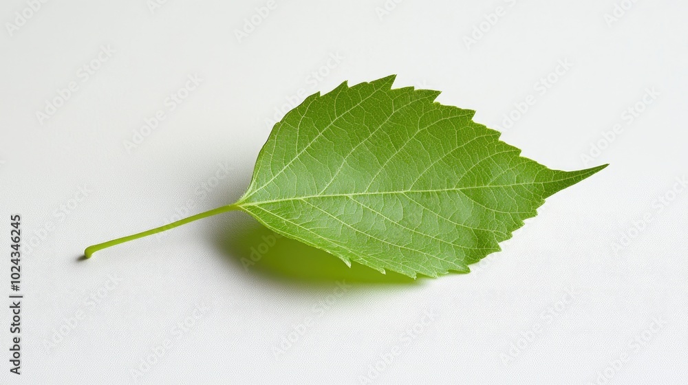 Fototapeta premium A single green leaf on a plain, white surface, capturing the essence of simplicity and natural beauty.