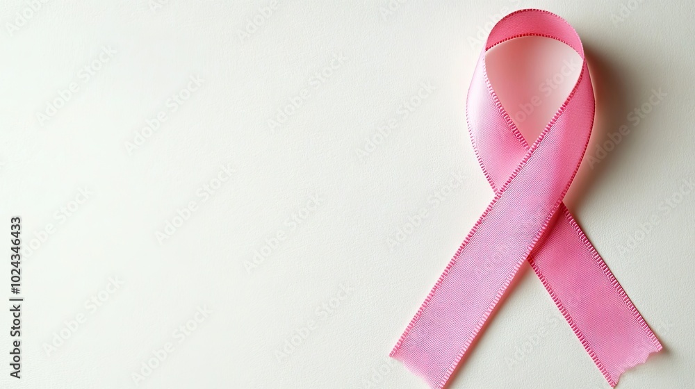 A single pink ribbon on a clean, white background, representing hope and awareness for breast cancer with ample copy space. A single pink ribbon on a clean, white background, representing hope and awareness for breast cancer with ample copy space.