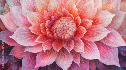 Close up view of intricate floral fantasy patterns created by a vibrant pink and red dahlia blossom