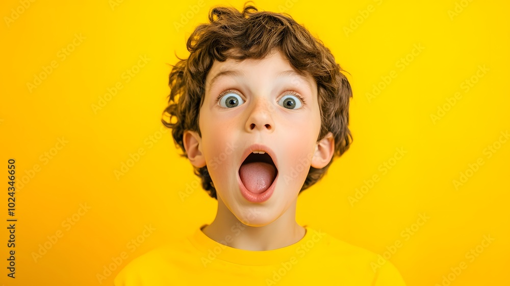 19. A young boy with a shocked expression, mouth agape and eyes wide, against a bright yellow background. 19. A young boy with a shocked expression, mouth agape and eyes wide, against a bright yellow background.
