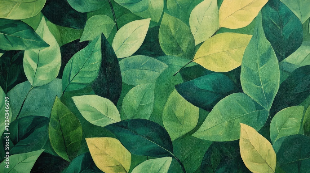 Artwork featuring a mural of green leaves designed for wallpaper Artwork featuring a mural of green leaves designed for wallpaper