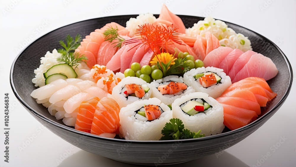 A serving of sushi rice with a variety of sashimi and pickled vegetables, artfully arranged in a bowl, isolated on white background.- A serving of sushi rice with a variety of sashimi and pickled vegetables, artfully arranged in a bowl, isolated on white background.-