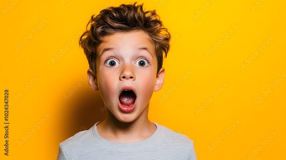 19. A young boy with a shocked expression, mouth agape and eyes wide, against a bright yellow background. 19. A young boy with a shocked expression, mouth agape and eyes wide, against a bright yellow background.