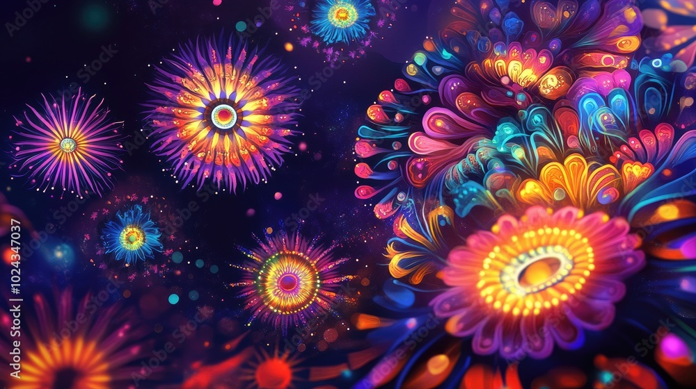 A vibrant Diwali display with fireworks lighting up the night sky, symbolizing joy and festivity. A vibrant Diwali display with fireworks lighting up the night sky, symbolizing joy and festivity.