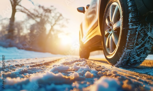 Winter tires with automobile tire details during the cold season on a snow-covered road with early morning sunlight, Generative AI.