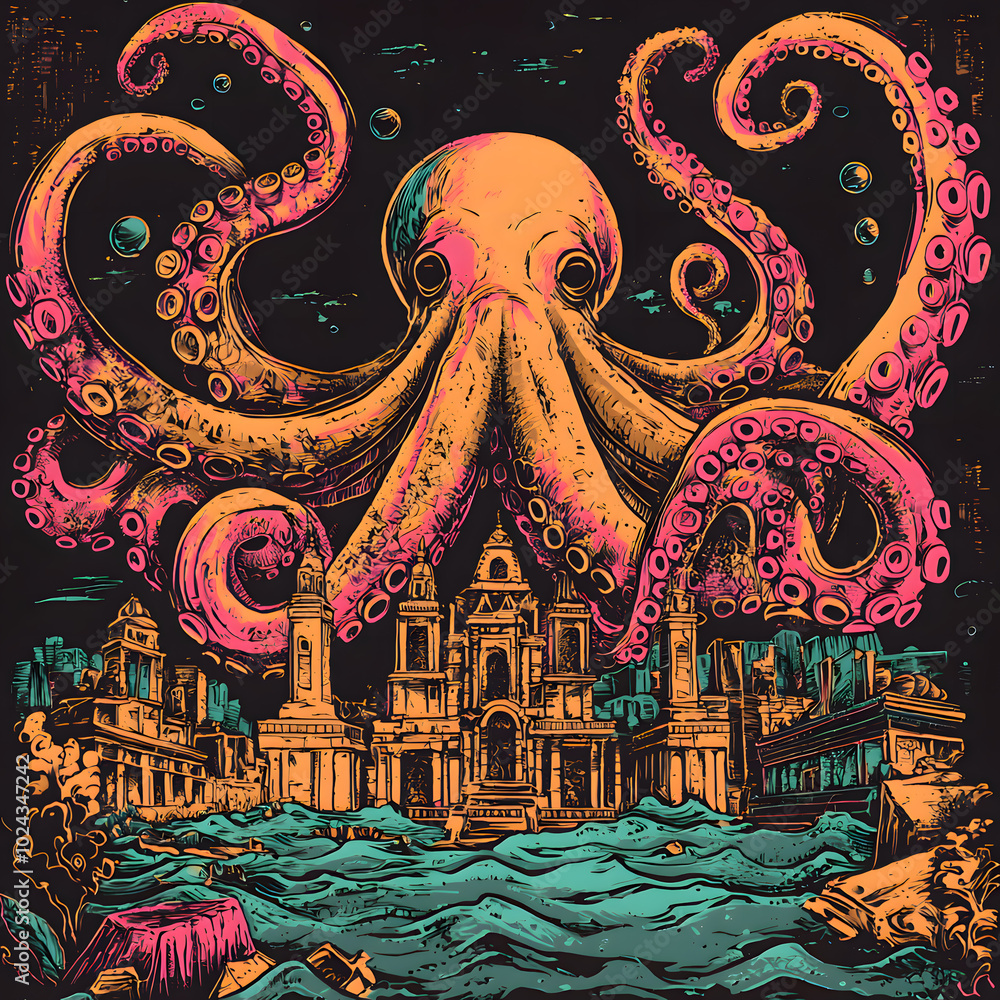 Obraz premium A vintage-style illustration depicting a colossal octopus rising from turbulent waters, with tentacles sprawling over an ancient cityscape, creating a dramatic and surreal underwater scene.