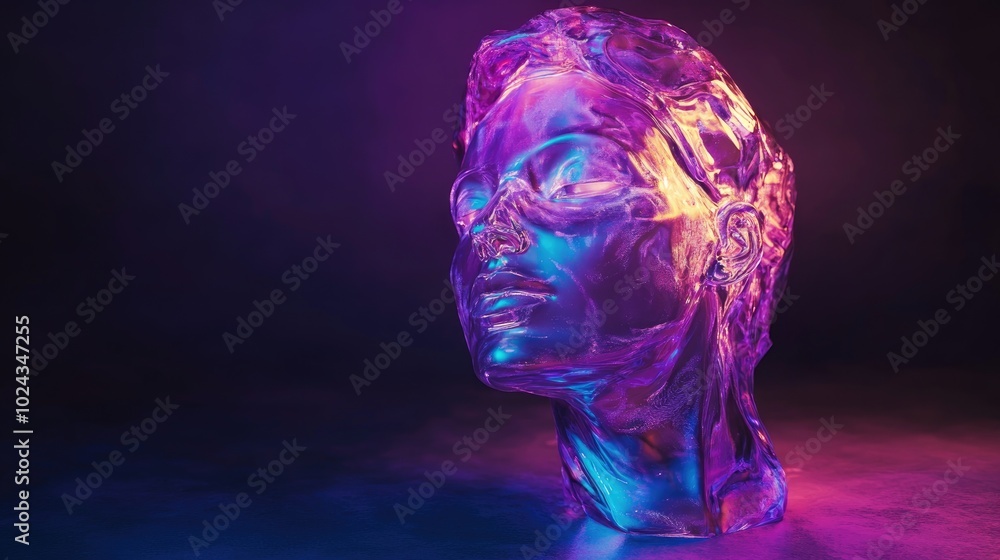 3D rendering of a translucent glass female bust sculpture illuminated by bright light and set against a dark background in a vibrant vaporwave aesthetic 3D rendering of a translucent glass female bust sculpture illuminated by bright light and set against a dark background in a vibrant vaporwave aesthetic