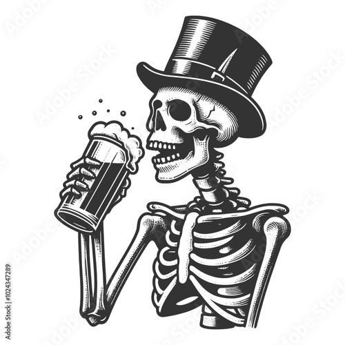 skeleton in a top hat drinks frothy beer mug, playful, vintage vibe in black and white sketch engraving generative ai vector illustration. Scratch board imitation. Black and white image.