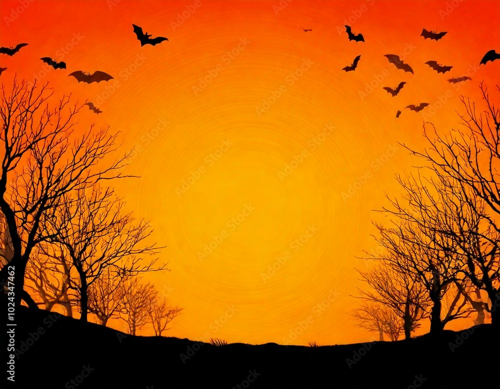 Fototapeta premium Spooky Halloween Night with Bats and Bare Trees on an Orange Background - オレンジ背景にコウモリと枯れ木が映えるハロウィンの夜