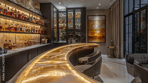 A sophisticated home bar with a curved marble countertop