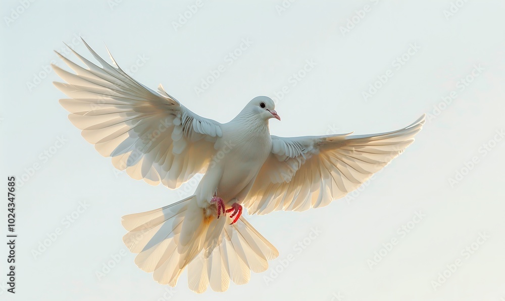 Obraz premium With its wings spread wide and its silky feathers catching the sunshine, a majestic white dove symbolizes freedom and serenity as it soars over the bright sky, Generative AI.
