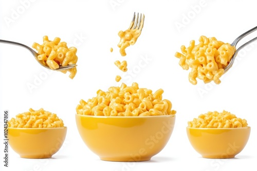 lassic american cheesy Macaroni mac and cheese, many angles view side top bowl spoon photo