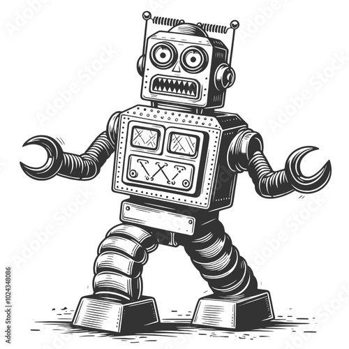 vintage robot with claw arms, antennas, boxy design, classic sci-fi aesthetic with mechanical charm sketch engraving generative ai vector illustration. Scratch board imitation. Black and white image.