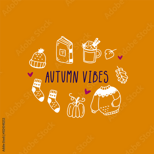 Autumn vibes outline illustration. Autumn banner lettering.