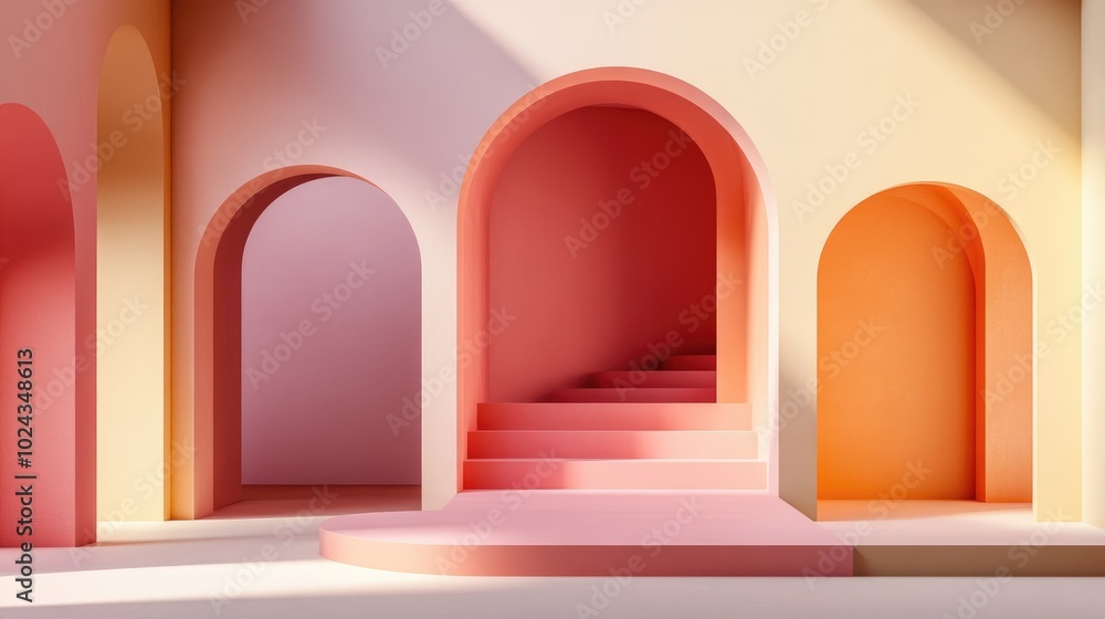 3D rendered illustration featuring modern geometric shapes including arches and stairs within a stylish minimal interior Background displays a gradient of pastel colors suitable for banners or pro 3D rendered illustration featuring modern geometric shapes including arches and stairs within a stylish minimal interior Background displays a gradient of pastel colors suitable for banners or pro