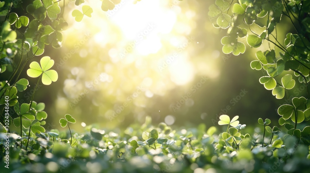 3D rendering of a natural backdrop featuring clover leaves and bright lighting ideal for presenting cosmetic products in a landscape setting 3D rendering of a natural backdrop featuring clover leaves and bright lighting ideal for presenting cosmetic products in a landscape setting