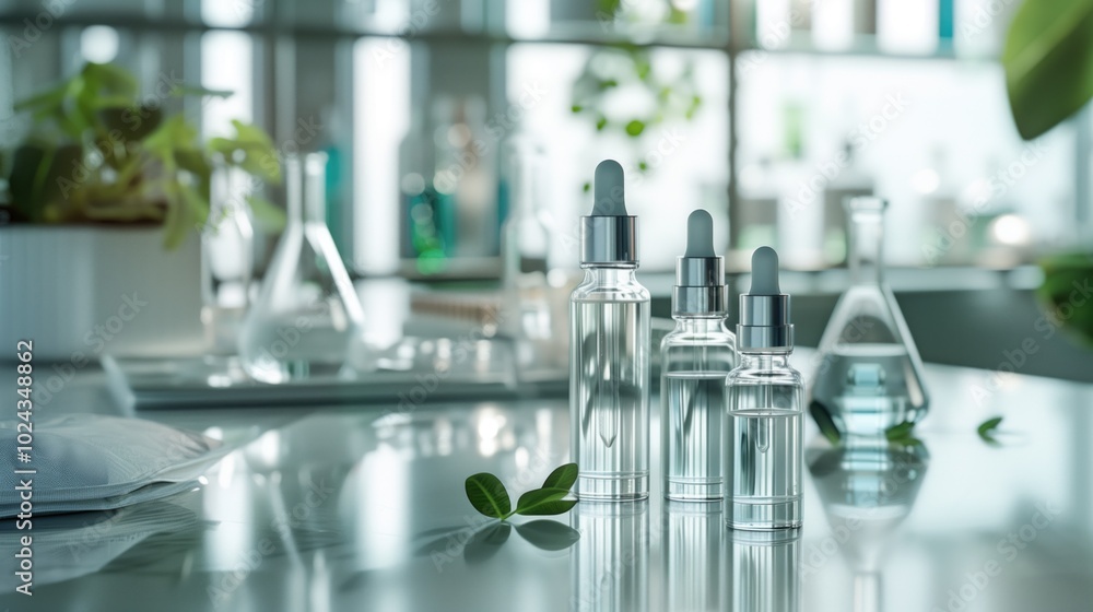 Serum bottles on reflective surface in botanical laboratory setting Serum bottles on reflective surface in botanical laboratory setting