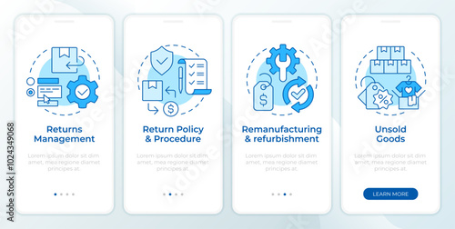 Reverse logistics processes blue onboarding mobile app screen. Walkthrough 4 steps editable graphic instructions with linear concepts. UI, UX, GUI template. Montserrat SemiBold, Regular fonts used