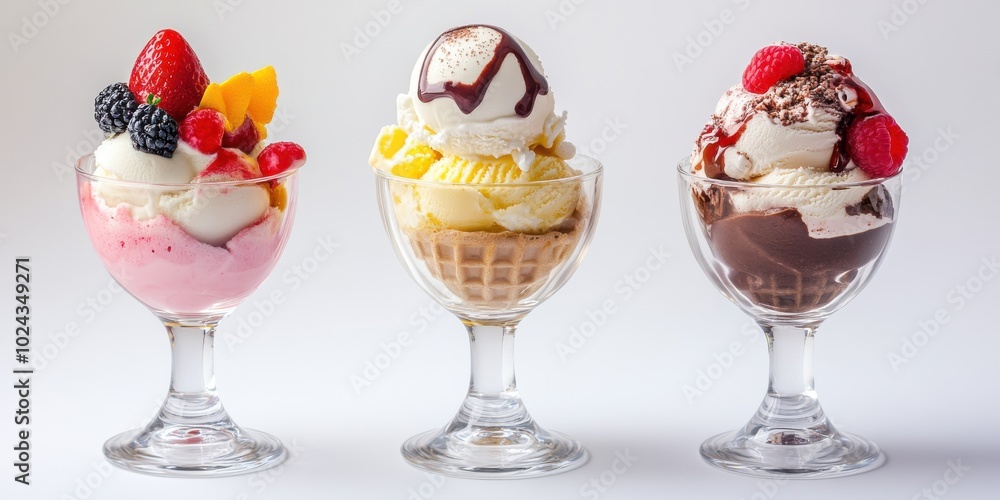 Collection of Sundae sundaes ice cream frozen dessert in tulip glass cup on white background Collection of Sundae sundaes ice cream frozen dessert in tulip glass cup on white background