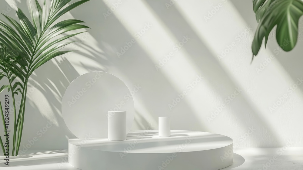 3D illustration of a geometric white cylinder podium for cosmetic product display Empty mock up design in a modern abstract composition on a white background 3D illustration of a geometric white cylinder podium for cosmetic product display Empty mock up design in a modern abstract composition on a white background