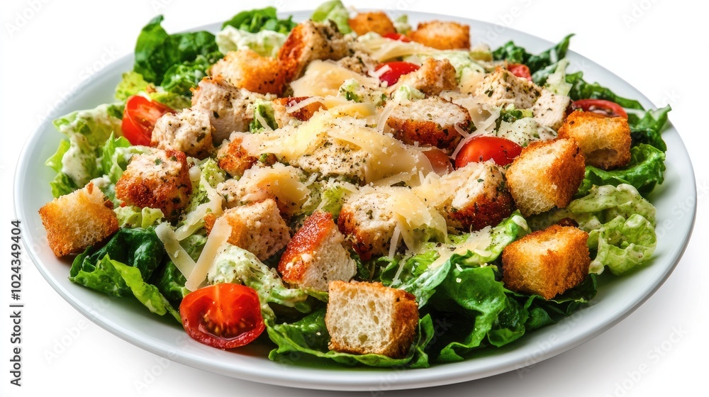 Chicken Caesar Salad with Sauce Cheese and Croutons on Isolated White Plate Side View Food Image Chicken Caesar Salad with Sauce Cheese and Croutons on Isolated White Plate Side View Food Image