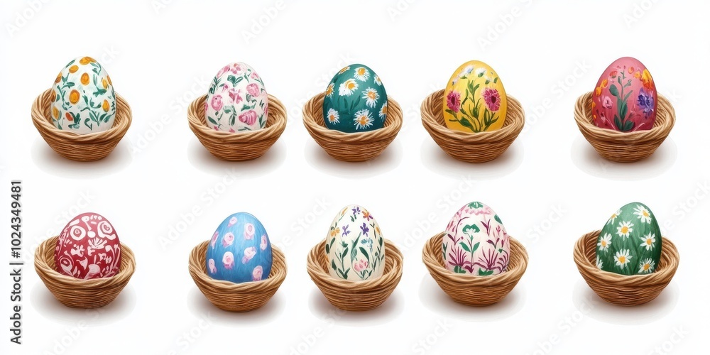 Collection set of basket of colourful hand painted decorated easter eggs on white background Collection set of basket of colourful hand painted decorated easter eggs on white background