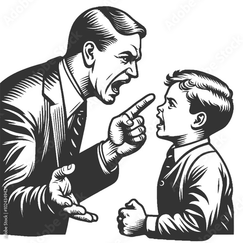angry father man shouting at his son young boy, intense emotional confrontation, dramatic expression sketch engraving generative ai vector illustration. Scratch board imitation. Black and white image.
