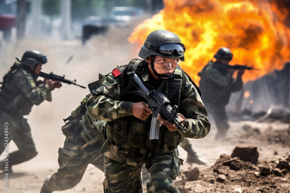 Chinese soldier engages in combat during a training exercise in an urban environment, showcasing tactical maneuvers and teamwork under dynamic conditions Chinese soldier engages in combat during a training exercise in an urban environment, showcasing tactical maneuvers and teamwork under dynamic conditions