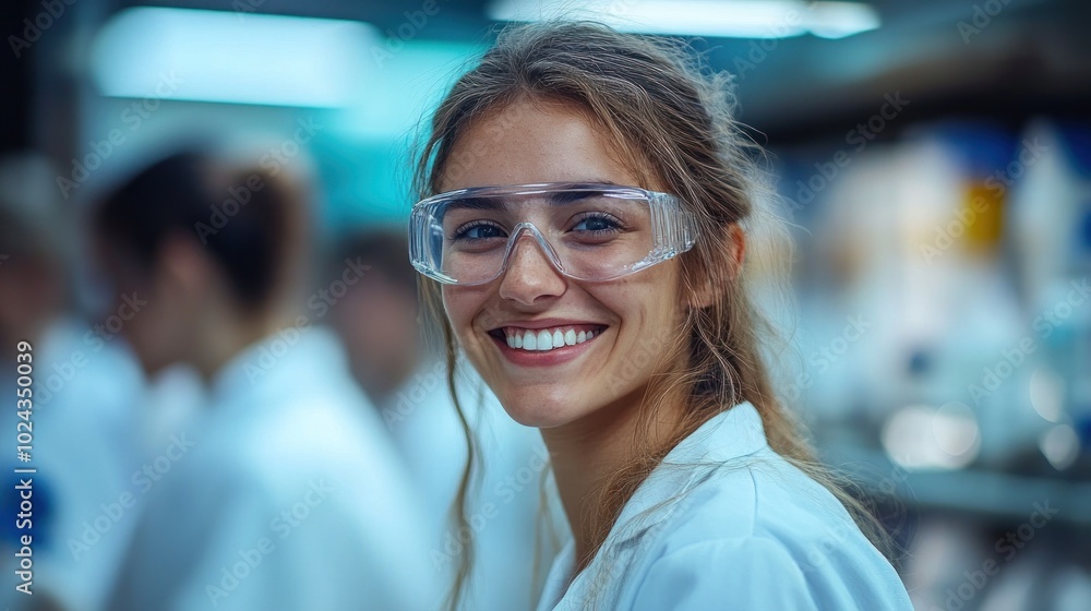 A smiling female scientist in a lab coat and safety goggles, looking at the camera with other scientists in the background. A smiling female scientist in a lab coat and safety goggles, looking at the camera with other scientists in the background.